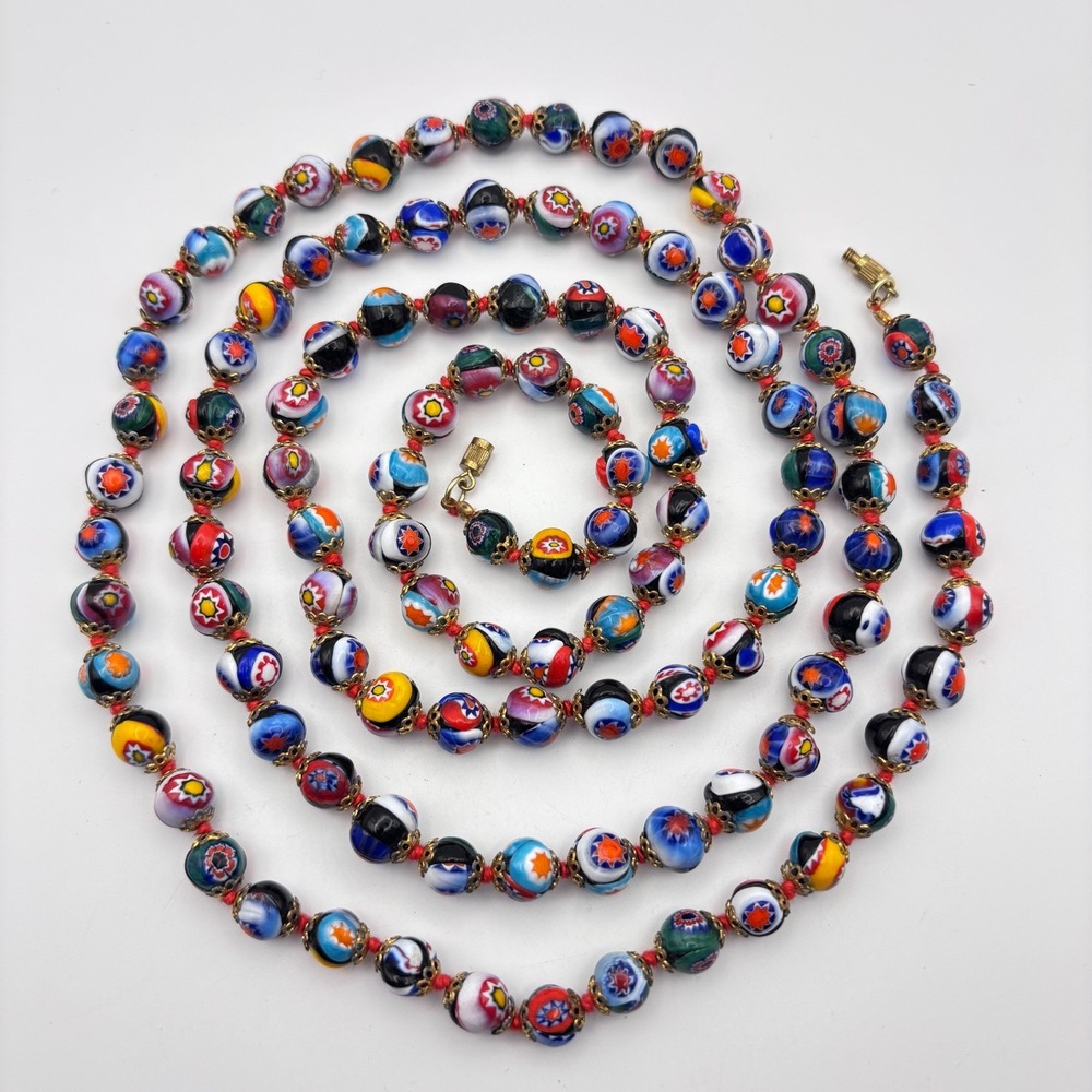VTG Millefiori Murano Glass Hand Knotted Italian Opera Length 51" Bead Necklace